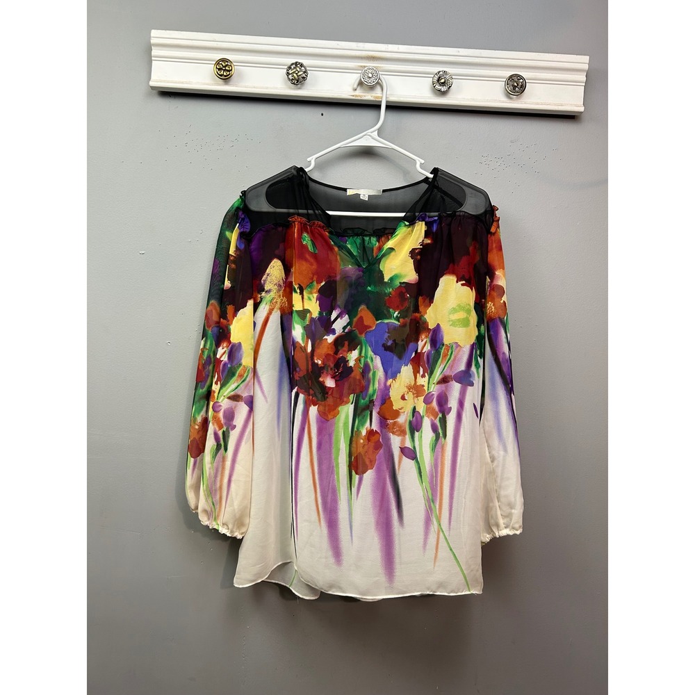 Liv Blouse Womens XL Multicolor Floral Sheer Peasant Mesh Yoke Boho Blouse
